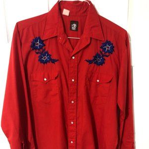Vintage KARMAN Western Shirt Cowboy Rockabilly Large Red Embroidered Flowers XL